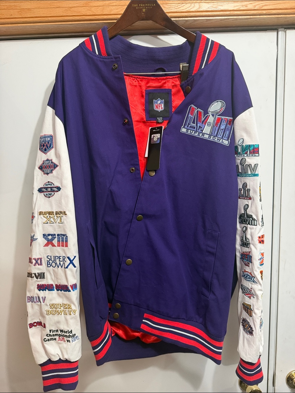 NFL Super Bowl LVIII Purple and White Super Bowl Patch Varsity Jacket